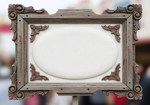 Wooden Frame with Oval Sign Blank Space for Advertising or Information, Ornate Design, Vintage Style, Empty, Retro, Background