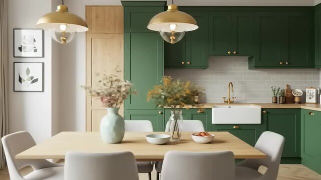 Modern kitchen interior featuring green cabinetry, wooden accents, and a dining area with a table