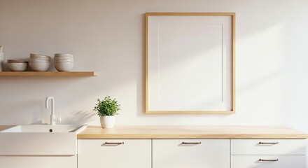Kitchen interior with white frame and plant