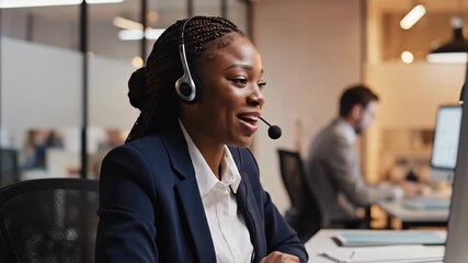 Smiling african american woman working as a customer service representative with a headset in a modern office providing support and assistance to clients professionally - Powered by Adobe