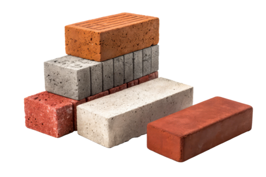 Stacked building materials of various brick types