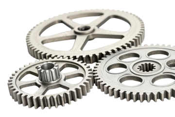 Three gray metal gear wheels interlocking mechanical part, cut out transparent