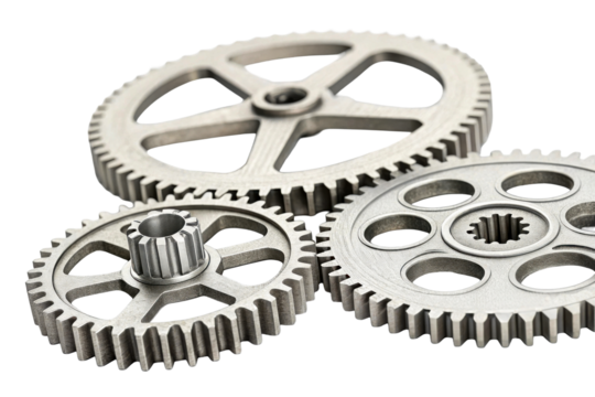 Three gray metal gear wheels interlocking mechanical part, cut out transparent