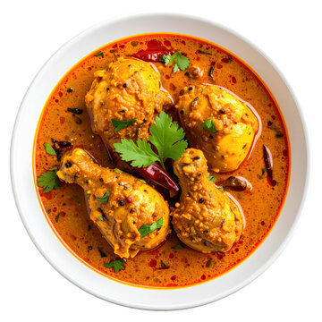 Spicy and aromatic chicken curry kerala style, a south indian delicacy with coconut and curry leaves, served in a bowl and isolated on a white background