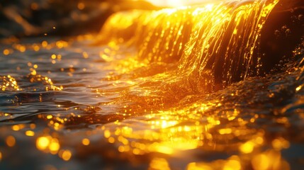 Golden waterfall cascading into water