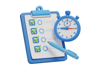 Task management and productivity concept with a clipboard, checklist, and stopwatch. isolated on transparent background