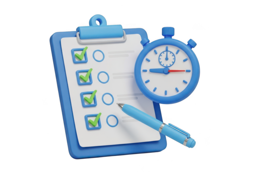 Task management and productivity concept with a clipboard, checklist, and stopwatch. isolated on transparent background