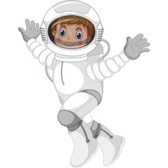 Joyful Young Astronaut Floating in Zero Gravity Wearing a Detailed White Spacesuit with Helmet and Blue Eyes Enthusiastic Expression and Open Arms