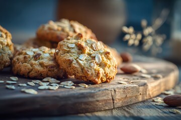 Stack of oat cookies with mixed nuts on a wooden table, inviting homemade bakery vibe