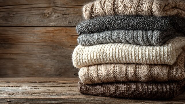 Stacked Knitted Winter Sweaters on Wooden Background with Text Space for Design Mockups