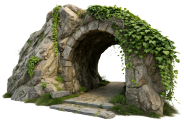 Stone archway tunnel entrance covered with green ivy