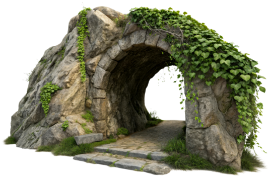 Stone archway tunnel entrance covered with green ivy