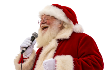 Smiling Santa Claus singing into microphone festive costume, cut out transparent
