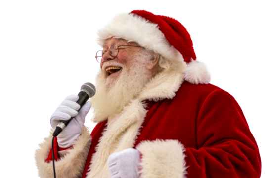 Smiling Santa Claus singing into microphone festive costume, cut out transparent