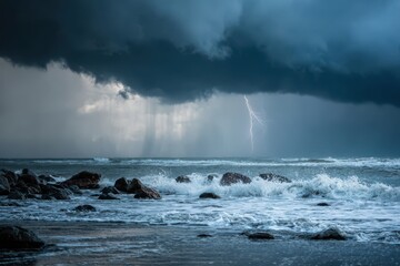 Obraz premium Stormy day at sea with flashing lightning across the horizon