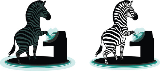 Two zebras playing keyboards on circular platforms, whimsical animal musician concept, performing arts scene, cad drawing flat vector illustration © Ashik World