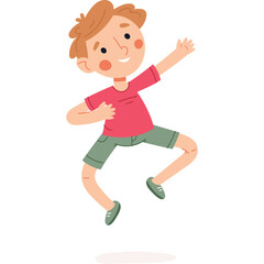 Joyful young boy with blond hair and rosy cheeks in a pink t-shirt and green shorts jumping with excitement against a clean white background isolated illustration
