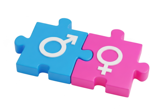 Gender symbols on interlocking puzzle pieces representing relationship and equality. isolated on transparent background - Powered by Adobe