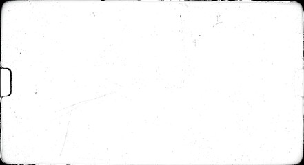 A white rectangular film frame with black borders and scratches and a sprocket hole on the left side on transparent background