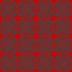 Seamless Christmas pattern using a stipple dot texture. Features red and green ornamental kaleidoscope shapes on a white background. Great for holiday decor, gift wrap, or textiles.