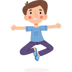 Joyful young boy with brown hair wearing a blue t-shirt and purple pants jumping with arms outstretched on a white background symbolizing happiness and freedom