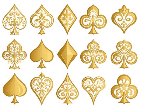 Golden playing card suits with decorative floral designs on a white background - Powered by Adobe
