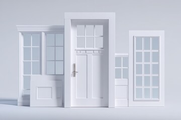 Studio shot of modern window frames and panel doors against pure white backdrop
