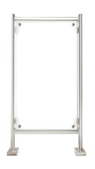 Blank white vertical rectangular sign stand with metal frame isolated on white background