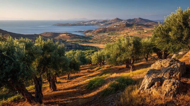 Sunlit olive grove on a Greek island with rows of ancient trees and a distant blue sea