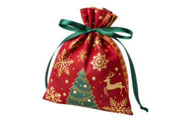 Festive Red Drawstring Gift Bag with Gold Holiday Motifs