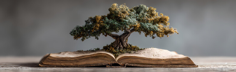 Close-up of a Book Growing Green Sprouts in the Morning Sun: Knowledge is Power, Bible Study Class Material	