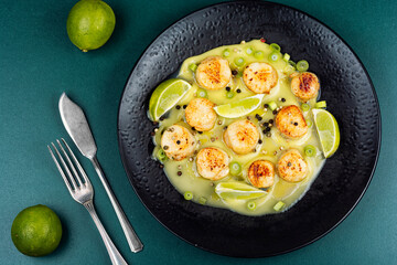 Delicious fried scallops and lime.