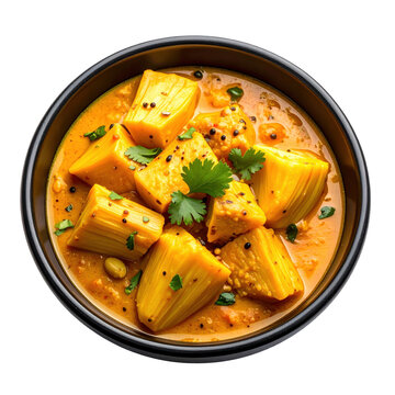 Echorer daina, a traditional bengali jackfruit curry, served on a dark plate and isolated on white background for a rustic culinary presentation