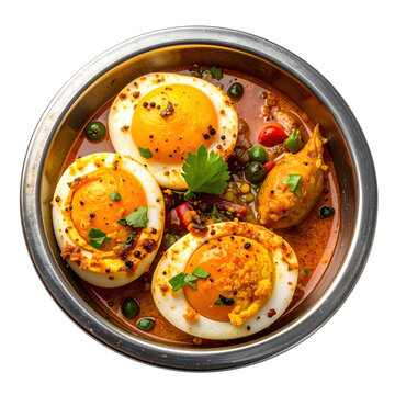 Kerala egg roast, a spicy and flavorful south indian dish with hard-boiled eggs in a masala gravy, isolated on white background