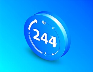 Isometric 3D image of a blue badge featuring numbers 244