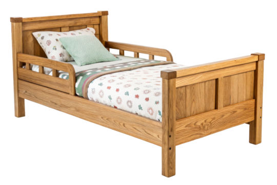 Solid wood toddler bed with bedding