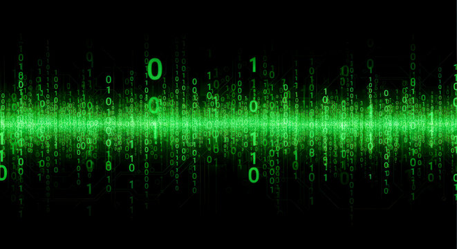 Green binary code data stream on black background abstract technology concept for cybersecurity hacking matrix and digital information transfer futuristic wallpaper