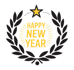 Festive Happy New Year Celebration with Golden Star and Laurel Wreath Design Perfect for Holiday Greetings and Seasonal Decoration Projects