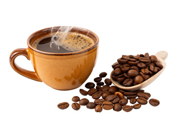 Steaming cup of coffee with scattered roasted beans on wooden spoon