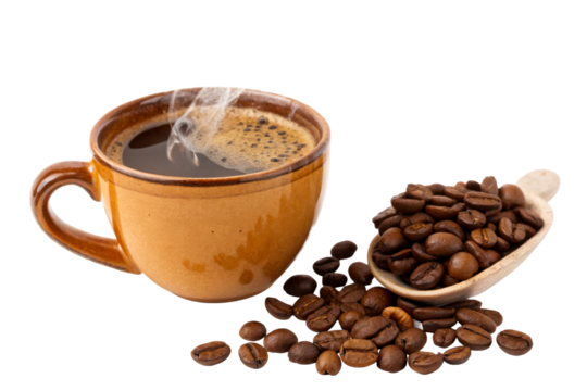 Steaming cup of coffee with scattered roasted beans on wooden spoon