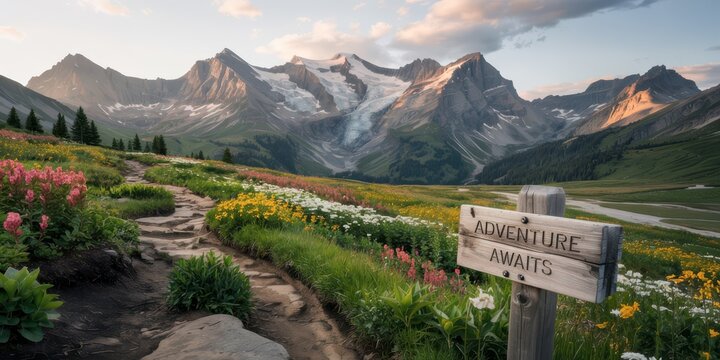 Adventure awaits mountain trail scenic view hiking path wildflowers nature landscape outdoor exploration travel