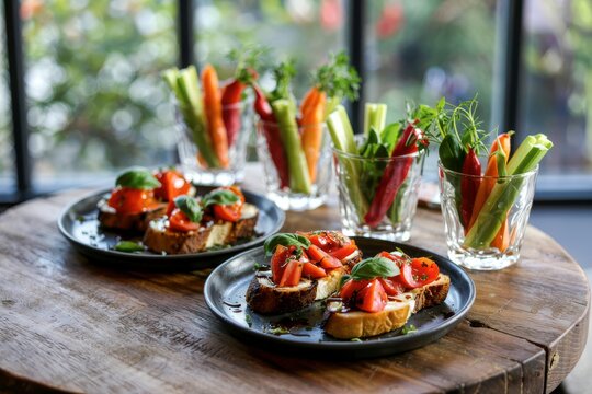 Delicious bruschetta appetizer with fresh vegetables healthy snack on wooden table food photography
