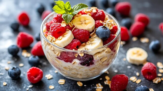 Traditional overnight oats with berries and banana