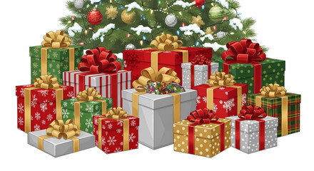 Festive Stack of Wrapped Christmas Presents with Bows.