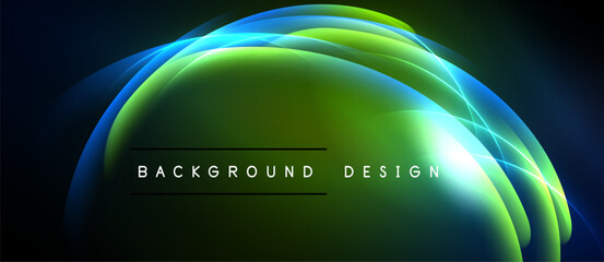 Abstract design features flowing curves, vibrant green, blue hues. Dark background emphasizes luminous shapes, modern aesthetic.