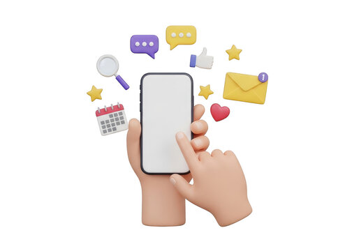 Digital communication and social media interaction on a mobile phone display isolated on transparent background