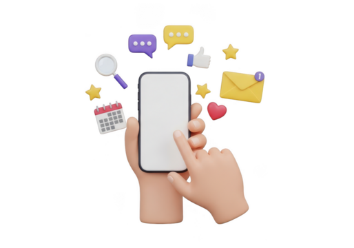 Digital communication and social media interaction on a mobile phone display isolated on transparent background