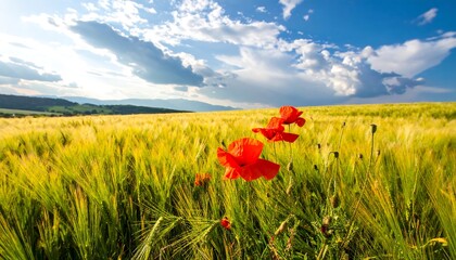 Vibrant poppies in a golden wheat field under a blue sky.