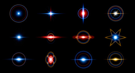 Lens flare collection, abstract light effects, set of colorful optical flares, isolated on black background, blue red gold beams, shiny stars, design elements