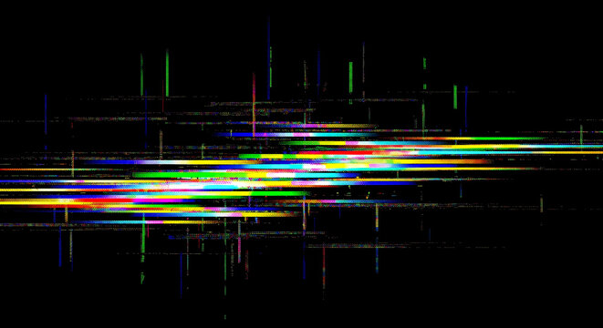 Abstract glitch background, colorful digital noise, vhs screen error, futuristic data distortion, cyber technology, tv signal failure, isolated on black